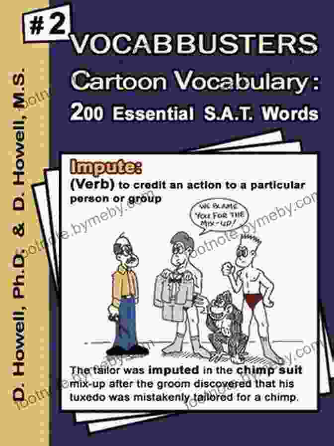 Vocabbusters Cartoon Vocabulary Vol. 1 Book Cover Featuring Cartoon Characters And Word Clouds Vocabbusters Cartoon Vocabulary Vol 2: 200 Essential SAT Words (Vocabbusters Carton Vocabulary: 200 Essential SAT Words)